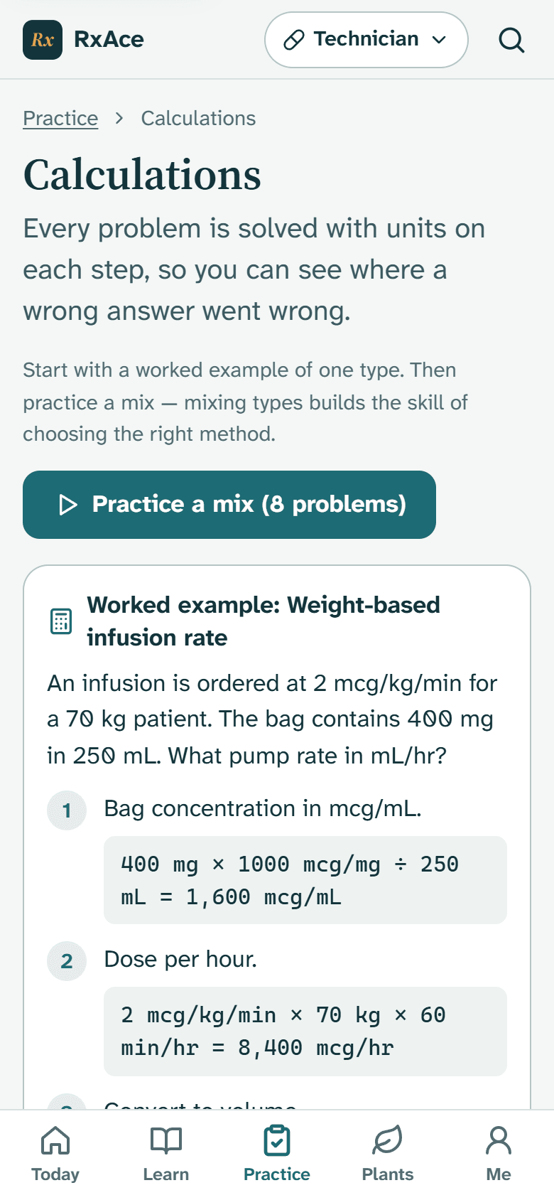 Calculation practice showing a worked solution with units on each step