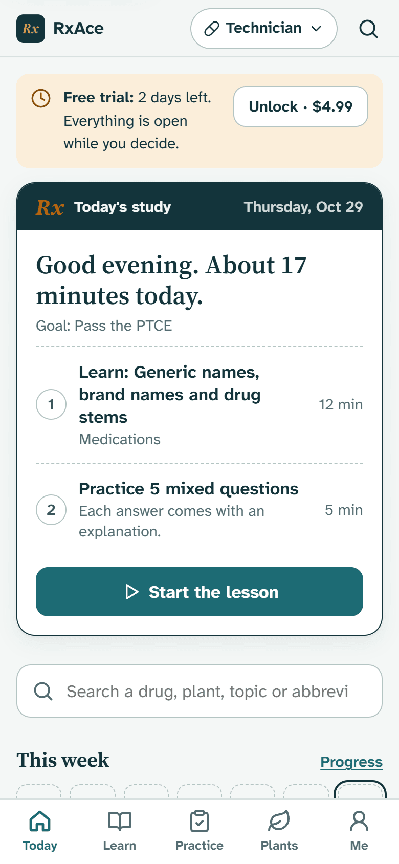 RxAce Today screen showing a short study plan: review, a lesson, and practice questions